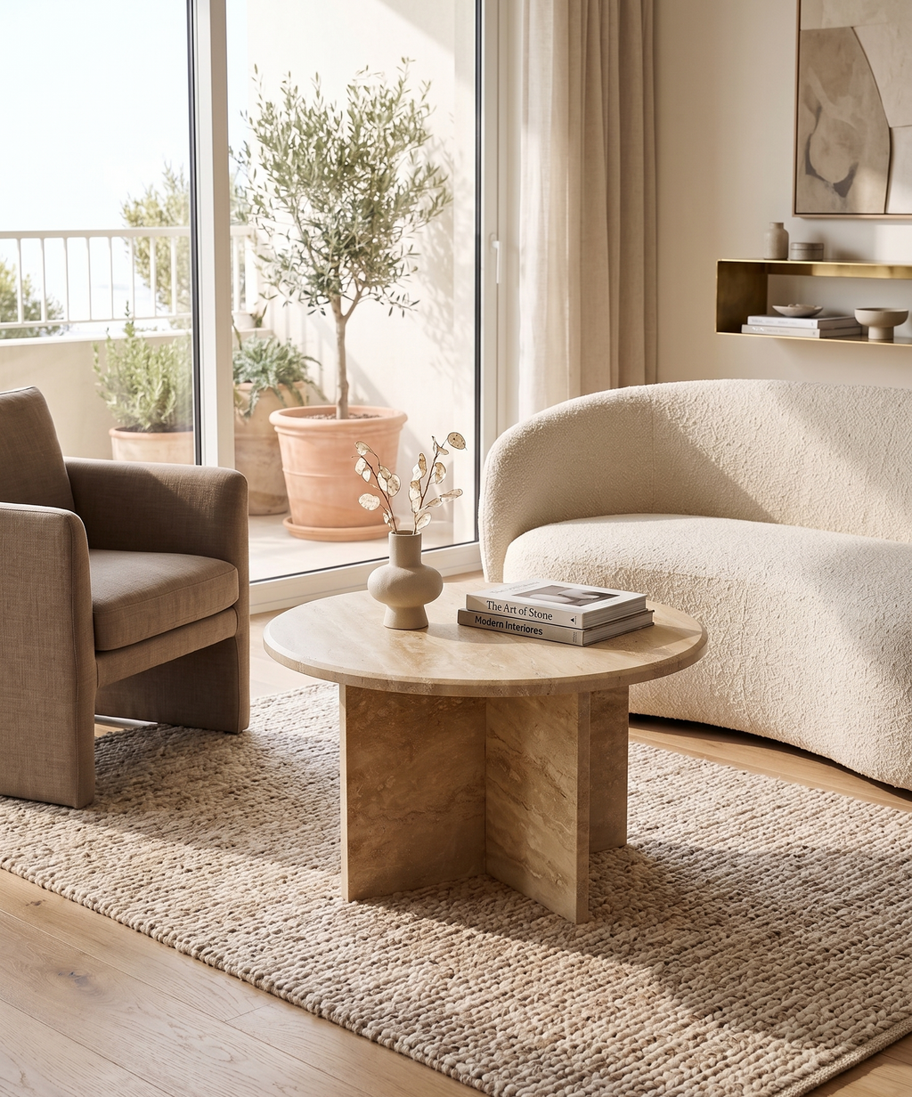 Travertine coffee table, disassembled model, 60 cm diameter.