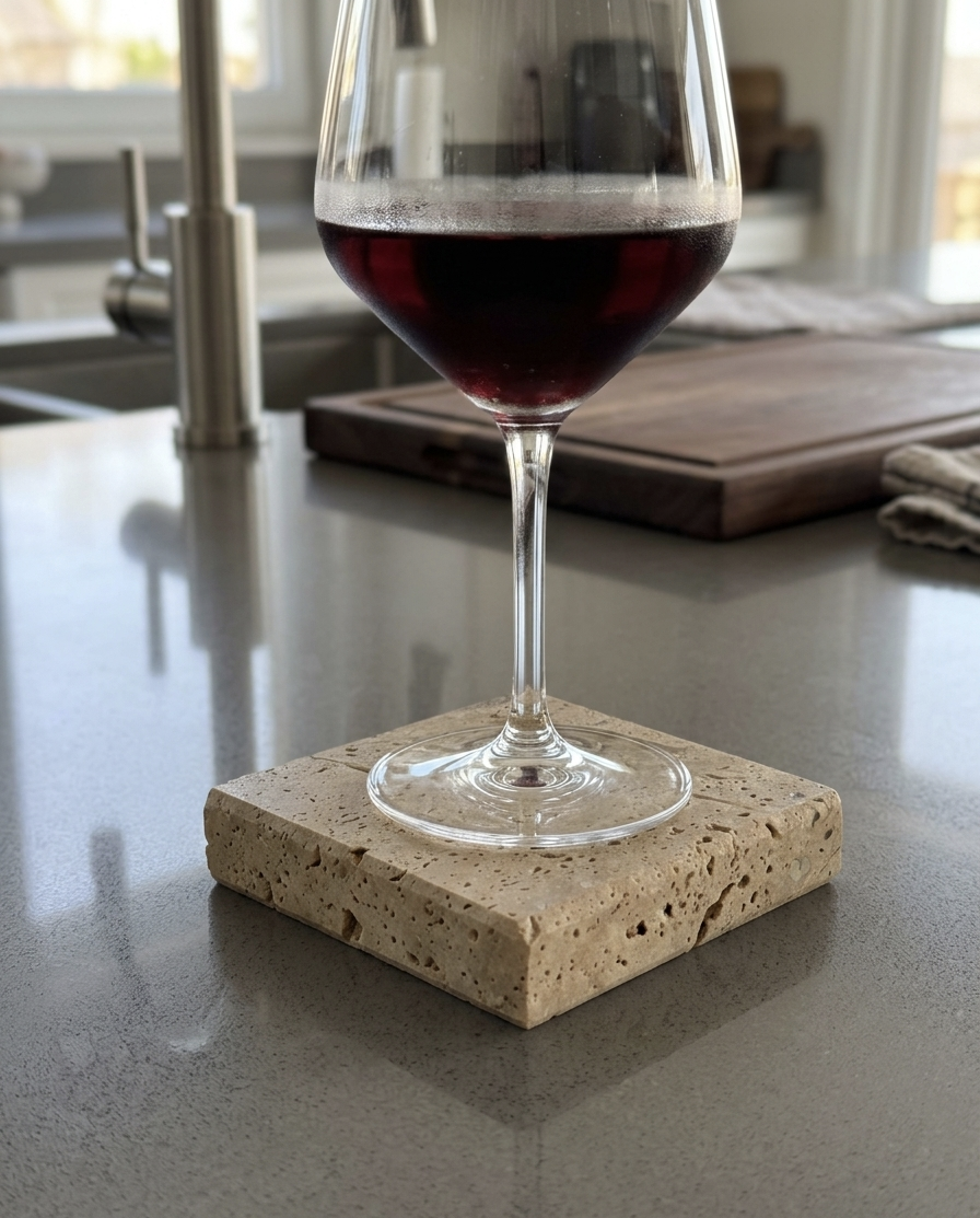 Natural Travertine Coaster Set of 4 – Thick Stone Drink Coasters – Beige Travertine Table Decor – Mediterranean Style Coasters