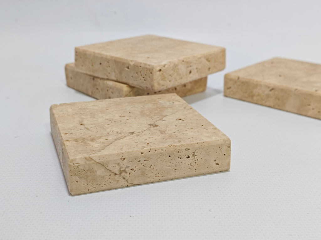 Natural Travertine Coaster Set of 4 – Thick Stone Drink Coasters – Beige Travertine Table Decor – Mediterranean Style Coasters