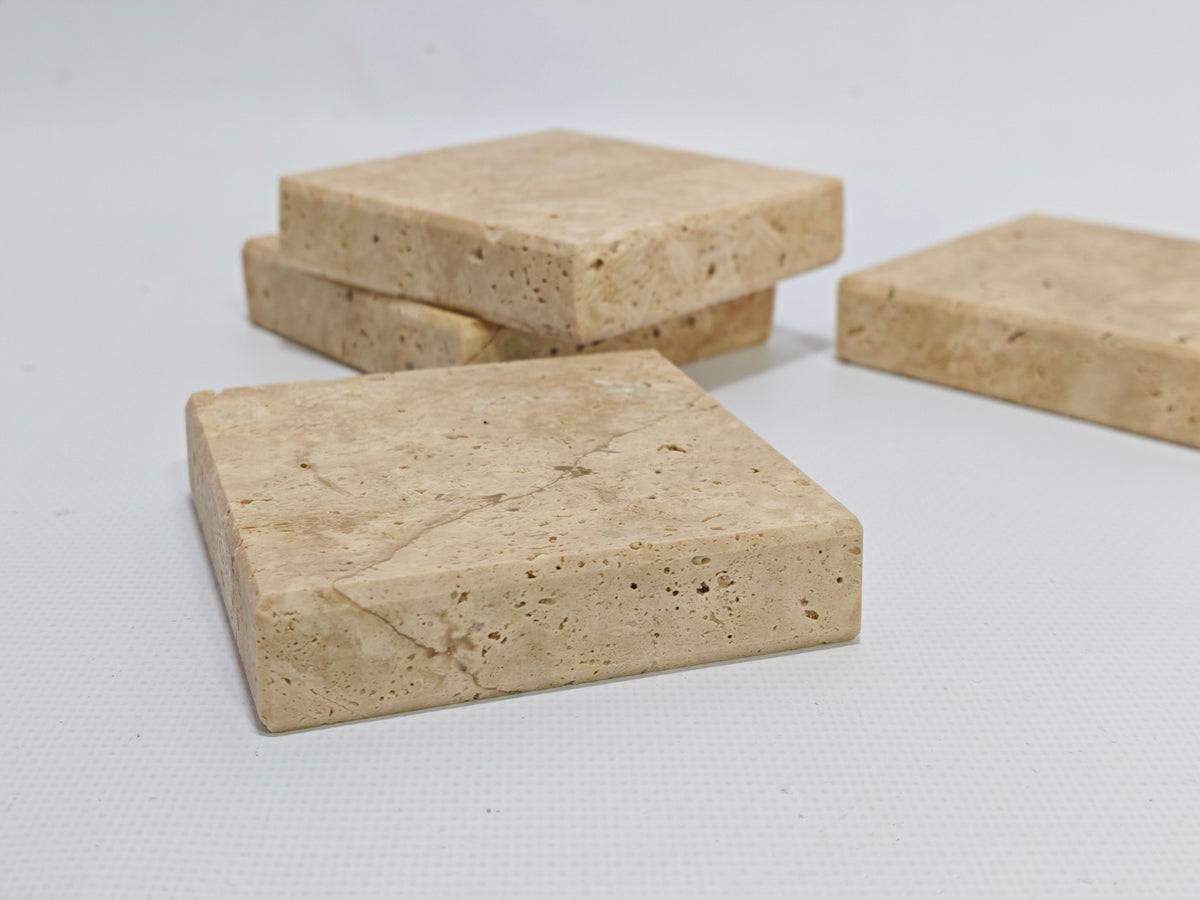 Natural Travertine Coaster Set of 4 – Thick Stone Drink Coasters – Beige Travertine Table Decor – Mediterranean Style Coasters