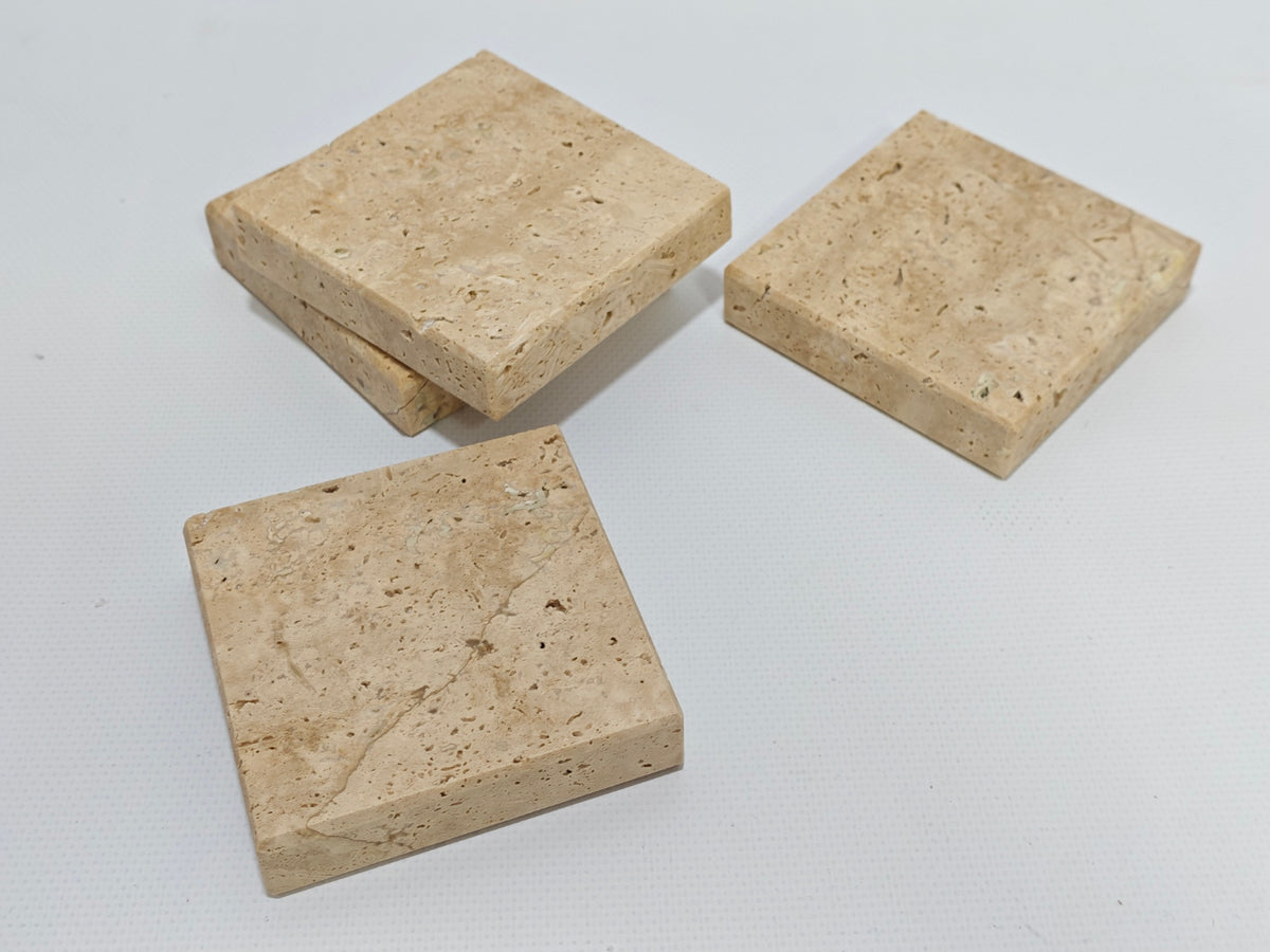 Natural Travertine Coaster Set of 4 – Thick Stone Drink Coasters – Beige Travertine Table Decor – Mediterranean Style Coasters