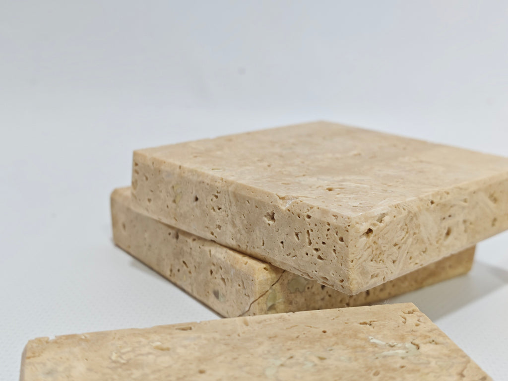 Natural Travertine Coaster Set of 4 – Thick Stone Drink Coasters – Beige Travertine Table Decor – Mediterranean Style Coasters