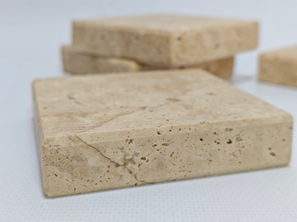 Natural Travertine Coaster Set of 4 – Thick Stone Drink Coasters – Beige Travertine Table Decor – Mediterranean Style Coasters