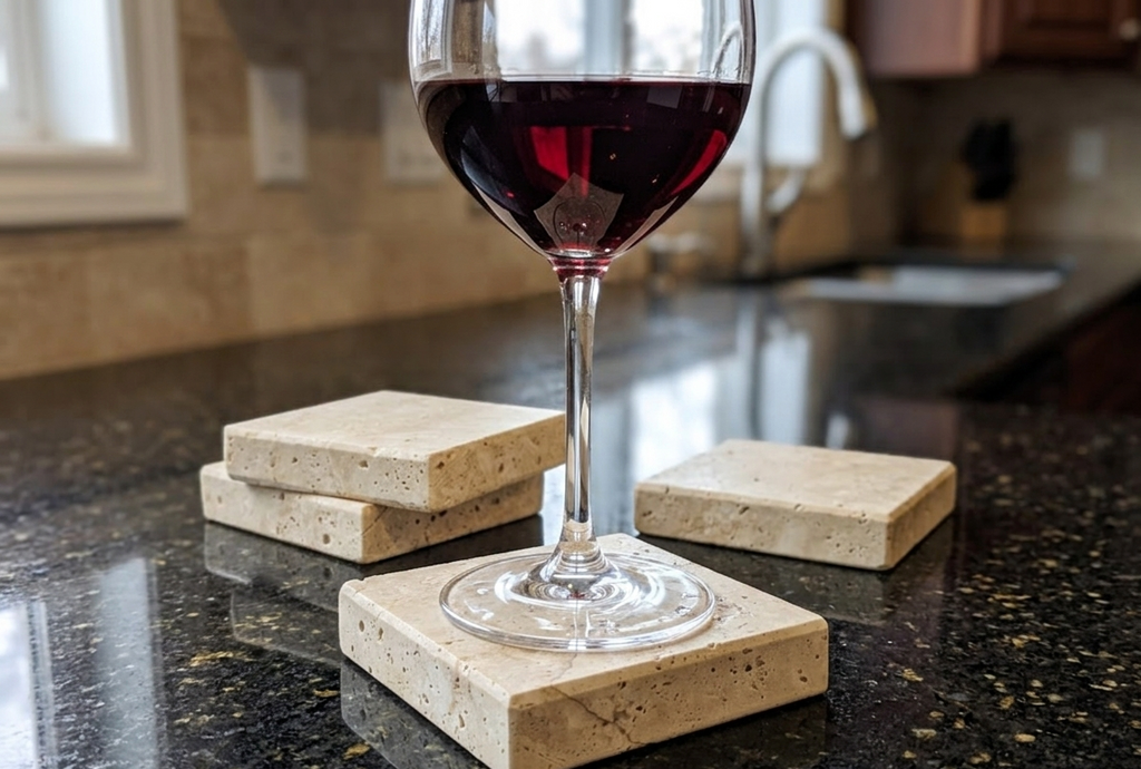 Natural Travertine Coaster Set of 4 – Thick Stone Drink Coasters – Beige Travertine Table Decor – Mediterranean Style Coasters