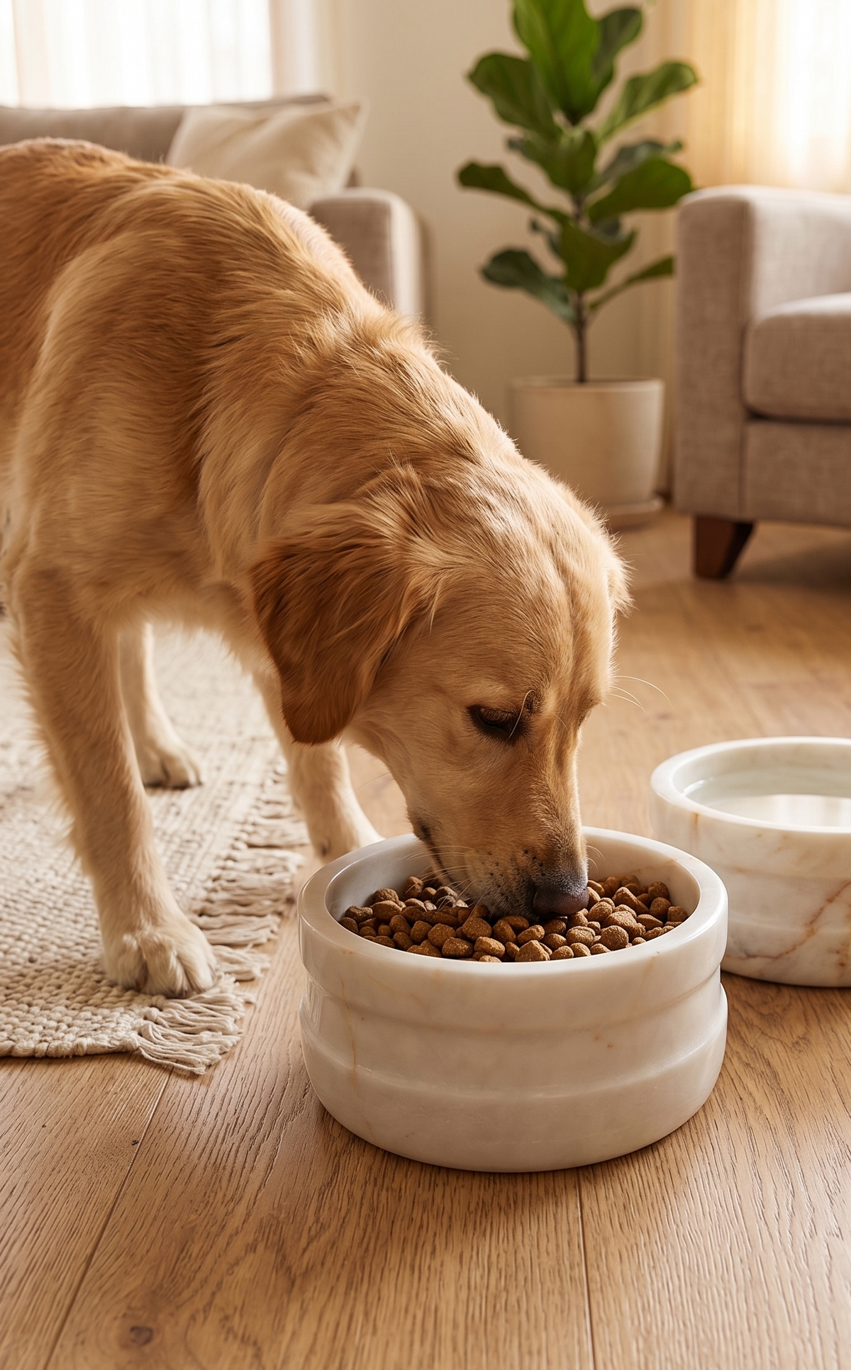 Large Polished Marble Pet Bowl – Natural Stone Food & Water Dish – Luxury Dog & Cat Feeding Bowl – 19 cm Diameter, 10 cm Height