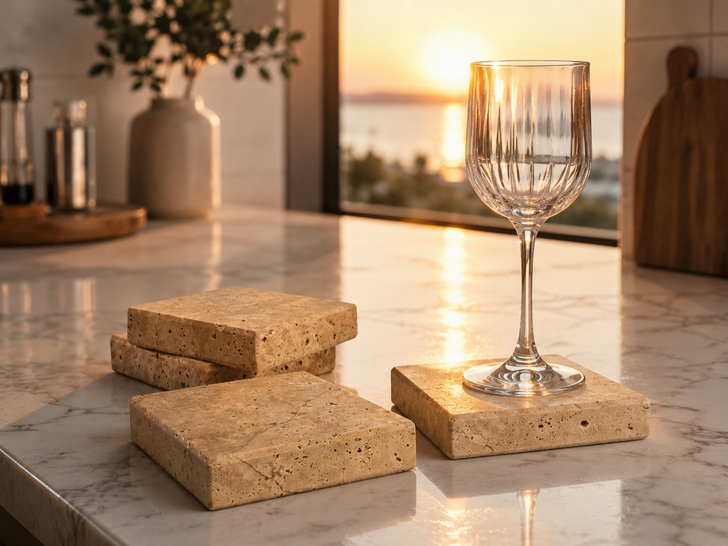 Natural Travertine Coaster Set of 4 – Thick Stone Drink Coasters – Beige Travertine Table Decor – Mediterranean Style Coasters